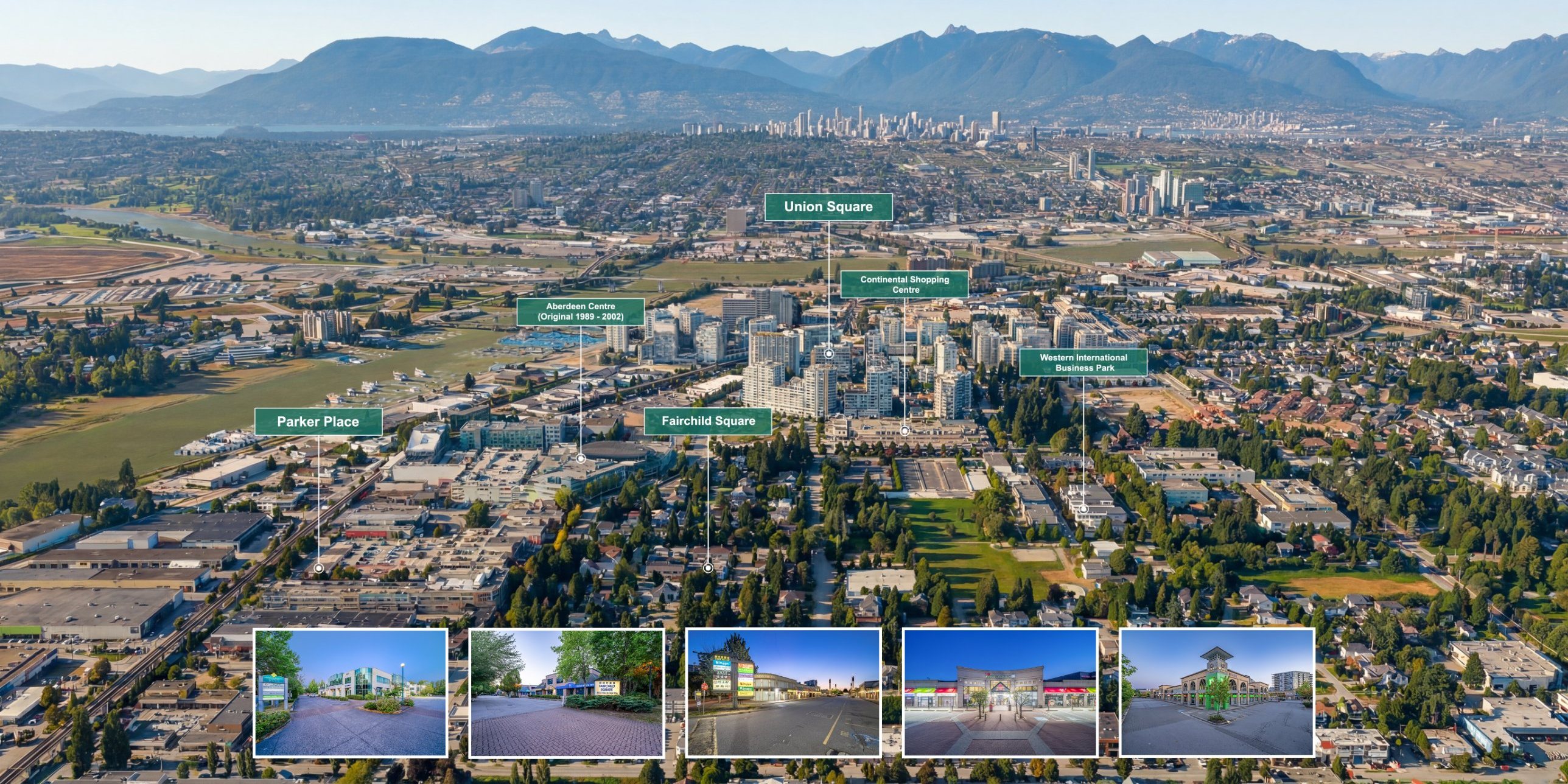 Aerial view of Richmond’s Golden Village looking north to Vancouver and the North Shore mountains, with labels marking Western commercial developments: Parker Place, Aberdeen Centre (original, 1989 to 2002), Fairchild Square, Union Square, Continental Shopping Centre and Western International Business Park. Photographs of five of the centres run along the bottom.